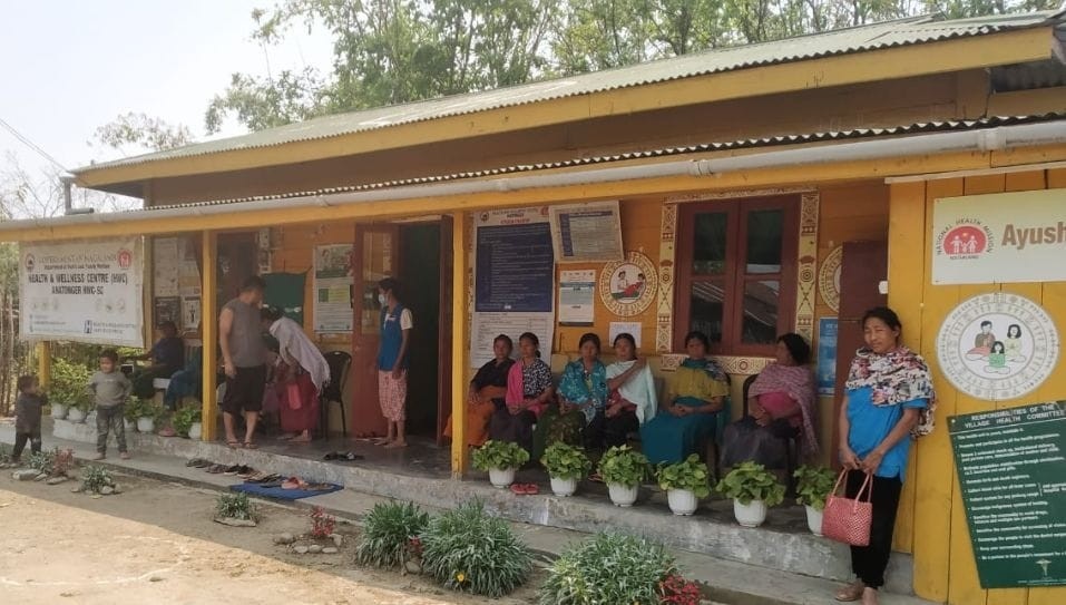 Beneficiaries lining up outside Health and Welfare Center (HWC) at Anatongre to take vaccine. (Morung Photo)